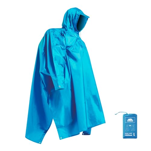 Hooded Rain Poncho for Adult with Pocket Waterproof Lightweight Unisex Raincoat for Hiking Camping Emergency (Large / Sky Blue)