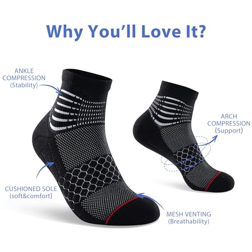 Ankle Compression Socks for Men Women Arch Support Athletic Cushioned Moisture Wicking Cotton Socks 5 Pairs (Large / Cotton -Black+blue(5 Pairs))