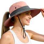 Ponytail Sun Bucket Hats for Women UV Protection Foldable Wide Brim (1 Pack-pink)