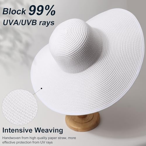 Sun Hats for Women Wide Brim Summer Hat Large Floppy Sun Straw Hat Foldable Packable Beach Hats UPF 50+ (Medium Size: White / Brim 5.5" (Head Circumference 22-22.8"))