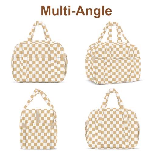 Corduroy Lunch Box Lunch Bag for Women Adults Men (C-Brown Grids / Large - 13L)