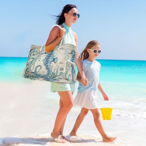 Large Beach Bags Totes Canvas Tote Shoulder Bag Soft Wave Water Resistant Bags for Gym Travel Daily Ocean (Ocean Seahorse Vintage)