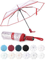 Windproof Travel Umbrellas for Rain and Sun (Clear-Red / 1 PK)