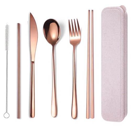 6 Pieces 18 8 Stainless Steel Flatware Set Portable Reusable Cutlery Set Travel Utensils Set Including Chopsticks Knife Fork Spoon Straws Cleaning Brush Dishwasher Safe (Rose Gold)