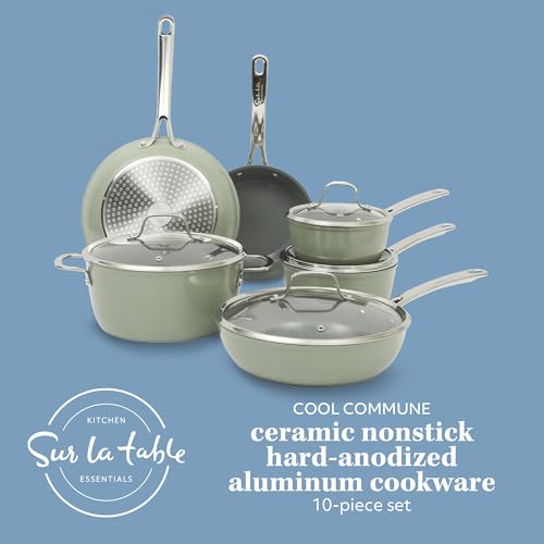 Kitchen Essentials Cool Commune Hard Anodized 10 Piece PFA Free Ceramic Non stick Interior Forged Durable Aluminum Pots and Pans Cookware Set (10-Piece Cookware Set (Hard Anodized Aluminum) / Green (Hard Anodized Aluminum))