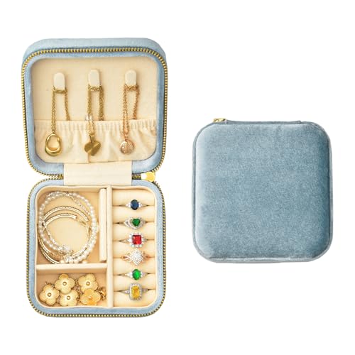 Plush Velvet Travel Jewelry Box (F-Light Blue / Medium Square)