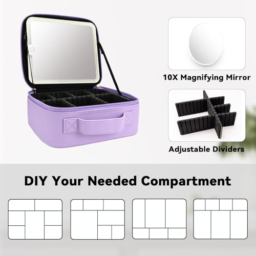 Travel Makeup Bag with LED Mirror and 10x magnifying glass with 3 Lighted Settings (Purple / With LED Mirror and 10x Magnifying Glass)