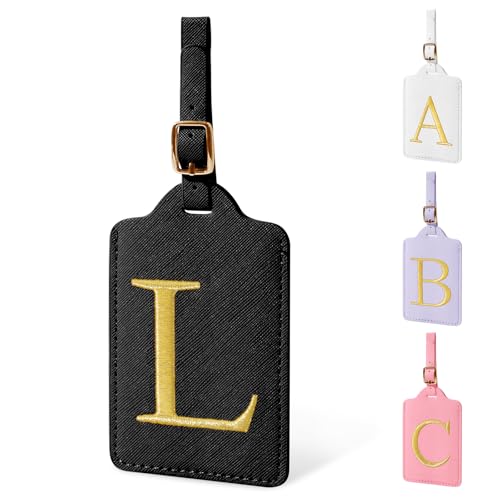 Personalized Initial Luggage Tags for Suitcase TSA Approved (Black Leather,glod Letter / L)