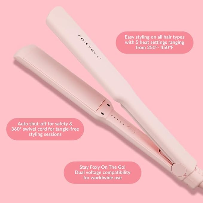 FoxyBae Sleek & Slay 1.75" Wide Plate Ceramic Flat Iron - Blush - Hair Straightener - Portable Professional Hot Tools - Healthy Hair Guaranteed - Dual Voltage - [146W]