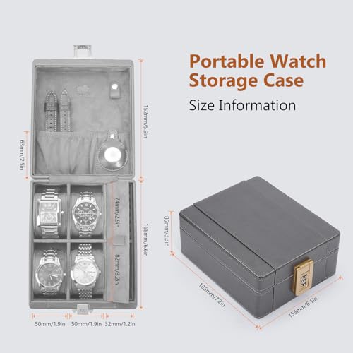 Watch Box 4 Watch Travel Case with Combination Lock (Grey / 4-Slot)