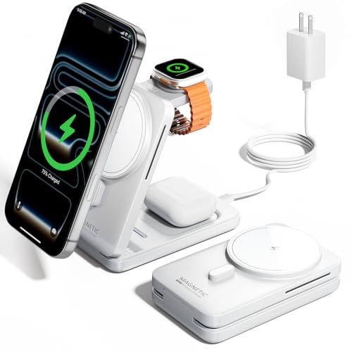 3-in-1 for Magsafe Charging Station, Foldable Travel Charger Stand for Apple, Wireless Magnetic Charging Dock for Multiple Devices iPhone 17 16 15 14 13 12 Series/Apple Watch/Airpods (White)