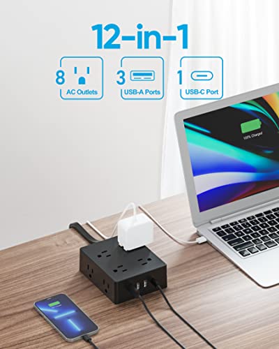 Flat Plug Power Strip with 10 FT Extension Cord (10 FT / 8AC(Black))