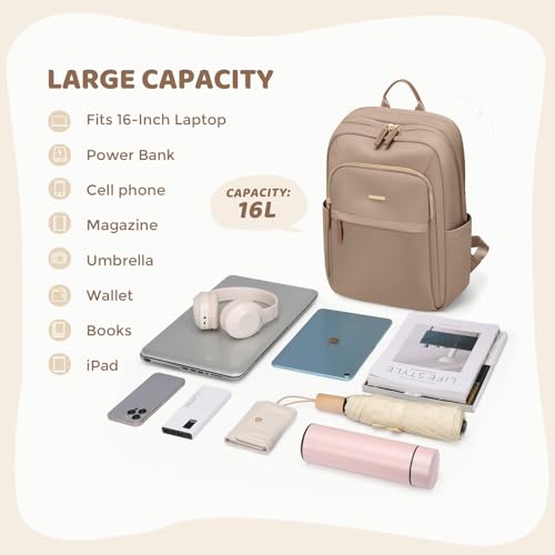 Hiking Travel Backpack for Women Casual Business Weekender Multilayer Laptop Bag (A-champagne Brown / 16 Inch)