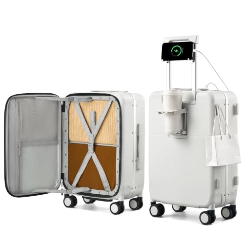 20 Inch Top Opening Carry On Luggage with Cup Holder and USB Ports (Smoke White / 20 Inch Pro)