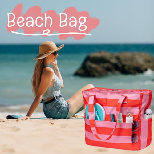 Waterproof Beach Tote Pool Bags for Women Ladies Extra Large Gym Tote Carry On Bag With Wet Compartment for Weekender Travel (Rose Pink Stripe)