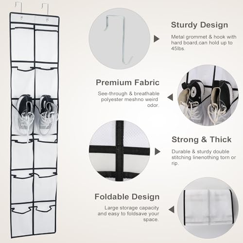 12 Large Pockets Over Door Hanging Shoe Organizer (White)