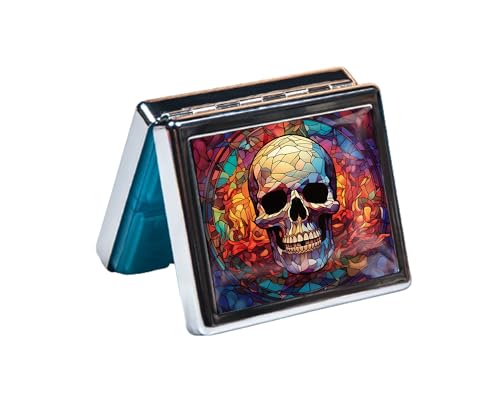 Silver Vintage Pill Box 7 Day Metal Pill Box with Mirror and 8 Compartments Cute Travel Pill Organizer for Purse (Stained Glass Colorful Skull)