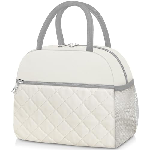 Lunch Box for Women Adult Men Insulated Cute Quilted Lunch Bag Women Reusable Large Lunch Tote Bag Leakproof Simple Cooler Bag for Work Office Picnic Beach or Travel (B-Beige White / Medium - 10L)