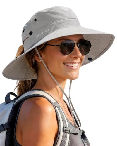 Sun Hats for Women Wide Brim Bucket Hat Ponytail Hole Outdoor UPF (Grey)