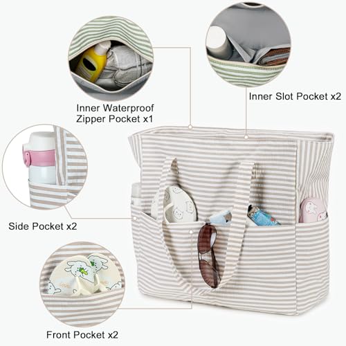 Beach Bag Sandproof Women Tote Bag Pool Bag with Zipper for Gym Grocery Travel with Wet Pocket (Khaki Stripe)