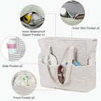 Beach Bag Sandproof Women Tote Bag Pool Bag with Zipper for Gym Grocery Travel with Wet Pocket (Khaki Stripe)