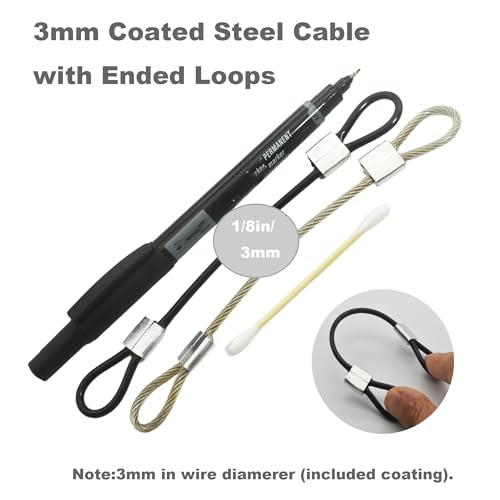 1/8"(3mm) Wire Diam Stainless Steel Cable Eyelets Loops Short Rope Lanyard Safety Tether Chain Lock with Vinyl Coated Cover, 20Pcs 6" Long Black (6 inches - 20 Pcs / Black-A)