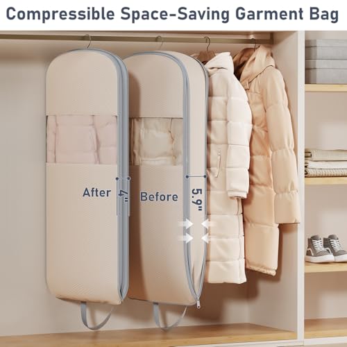 2 Pack 43" Space Saving Garment Bags for Hanging Clothes With Compression Zipper Carry Handles and Window (Beige / 43" 2 Pack)