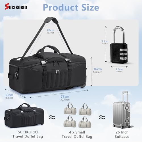 Tactical Travel Duffle Bag with Wheels and Handle 3 in 1 Large 85L XL Rolling Travelling Backpack Waterproof Oxford Carry On Hand Luggage Deployment Bags with Combination Padlock (Black)
