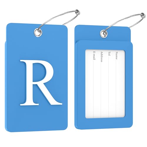 2 Pack Initial Luggage Tags for Suitcases Airplane Travel Essentials (Large R / Blue)