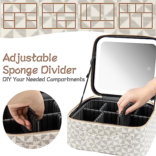 Makeup Travel Train Case with Mirror LED Light 3 Adjustable Brightness Large Cosmetic Bag Portable Storage Adjustable Partition Waterproof Makeup Brushes Make up Jewelry Gift for Women (White)