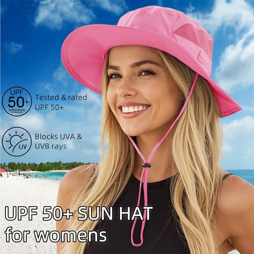 Women's UPF 50+ Safari Sun Hat Breathable UV Protection Fishing Hat (Large / Hot Pink)