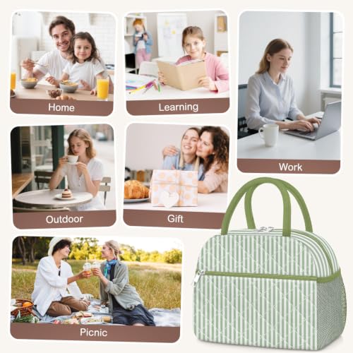 Lunch Bag Lunch Box for Women Adult Men Insulated Quilted Reusable Large Lunch Tote Bag Leakproof Simple Cooler Bag for Work Office Picnic Beach or Travel (B-Green Stripes / Medium - 10L)
