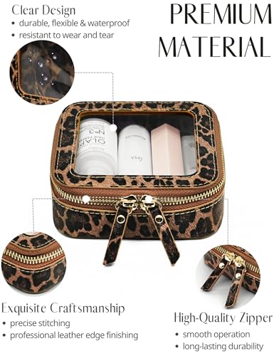 Small Makeup Bag Clear Mini Pouch Cosmetic Case Travel Leopard Make Up Bag for Purse Accessories Cheetah Print Travel Clear Case for Car Essentials Women Cute Leather Little Cosmetic Pouch with Zipper (Leopard Brown / Mini Chic)