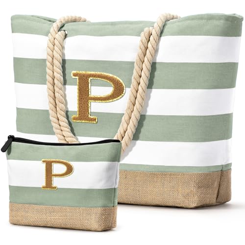 Beach Bag Initial Beach Tote with Makeup Bag for Travel (Light Green / P)