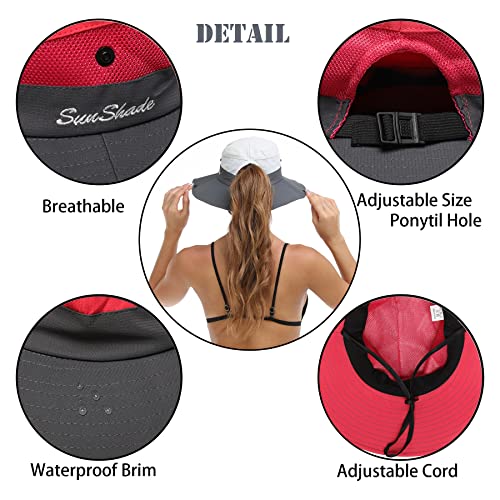 Womens Summer Sun Hat Beach Hat Wide Brim Outdoor UV Protection Hat Foldable Cool Mesh Ponytail Bucket Hat (6-7 / Red-gray)
