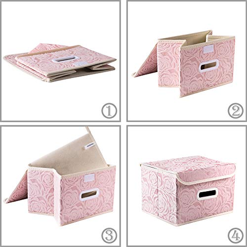 Collapsible Storage Boxes with Lids Fabric Decorative Storage Bins Cubes Organizer Containers Baskets with Cover Handles Divider for Bedroom Closet Living Room 9.8x7.9x6.7 Inch 3 Pack (Pink / Small(3-Pack))