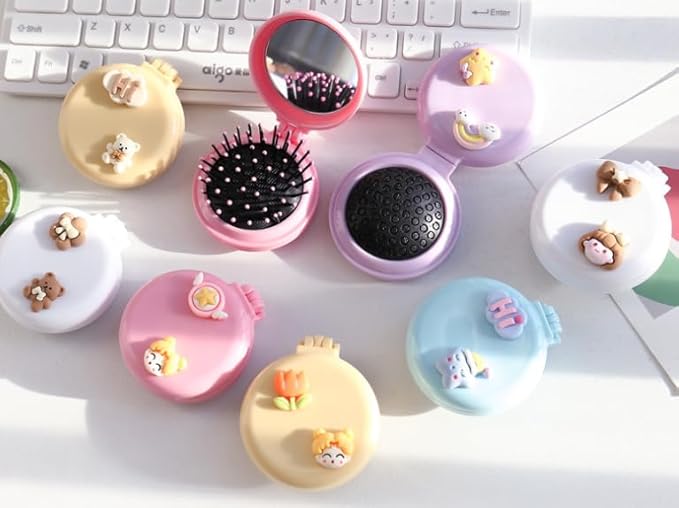 Pink Travel Hair Brush, Pocket Comb with Mini Mirror, Round Folding Pocket Hair Brush Cartoon Shell Folding Hair Brushes for Girls Women, Hair Brushes, Styling Tools and Appliances (2H984)