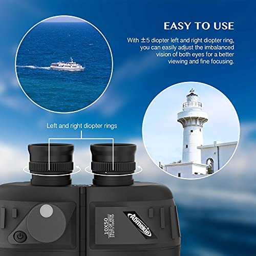 10x50 Waterproof Marine Binoculars for Adults with Rangefinder Compass BAK4 Prism FMC Lens for Birdwatching Hunting Boating Fishing Water Sports (Black)