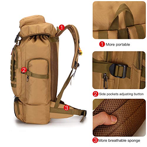 70L Camping Hiking Backpack Tactical Backpack Military Molle Rucksack Backpack for Outdoor (Khaki)