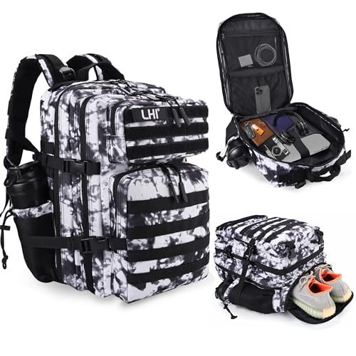 Military Tactical Backpack for Men and Women 45L Army 3 Days Assault Pack Bag Large Rucksack with Shoe Compartment (1.6 Black and White)