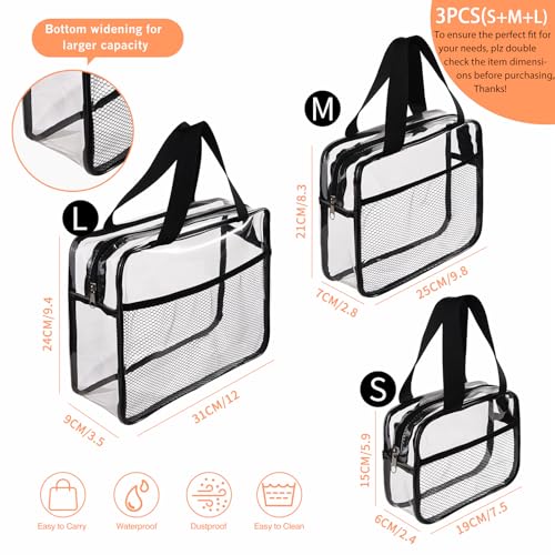 3PCS Clear Travel Toiletry Bags with Handles & Pocketfor Men Women (Black Clear)