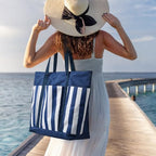 Beach Bag Waterproof Beach Tote Pool Bags for Women (Blue White Stripes / 35L)