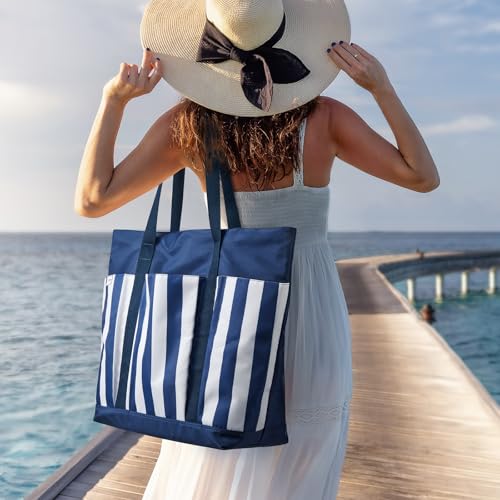 Beach Bag Waterproof Beach Tote Pool Bags for Women (Blue White Stripes / 35L)