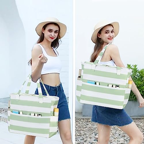 Waterproof Beach Tote Pool Bags for Women Ladies Extra Large Gym Tote Carry On Bag With Wet Compartment for Weekender Travel (Sage Green Stripe)