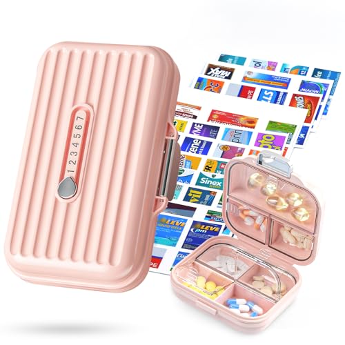 Travel Pill Organizer Box with Medicine Labels (S+L / Pink)