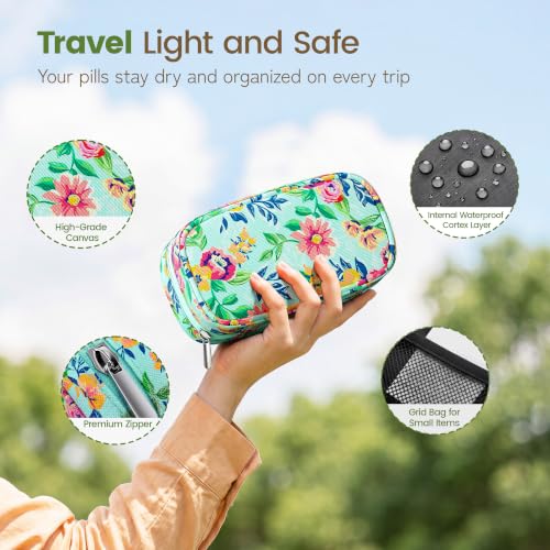 Weekly Travel Pill Organizer 2 Times a Day AM PM Rainbow Pill Box (A Canvas Green 01 / 1 Set Canvas Case)