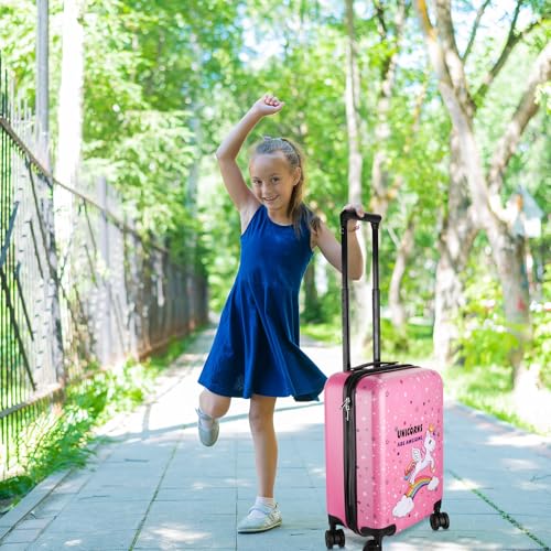Kids Luggage and Backpack 18 Suitcase with Spinner Wheel Hard Case Travel 13 Backpack Girl Suitcase Set for Kids Travel Supplies (Unicorn Style / Pink)