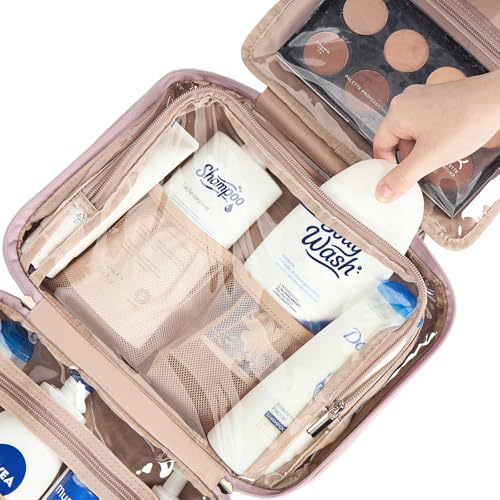 Travel Toiletry Bag for Women Hanging Organizer Makeup Case Pockets (Peach-Pink / Large)