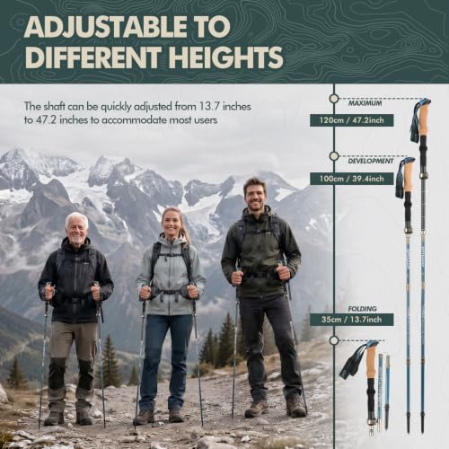 Folding Trekking Poles 7075 Aluminum Lightweight for Travel (Cork-Blue / 100-120 cm for Height:5'9" and smaller)