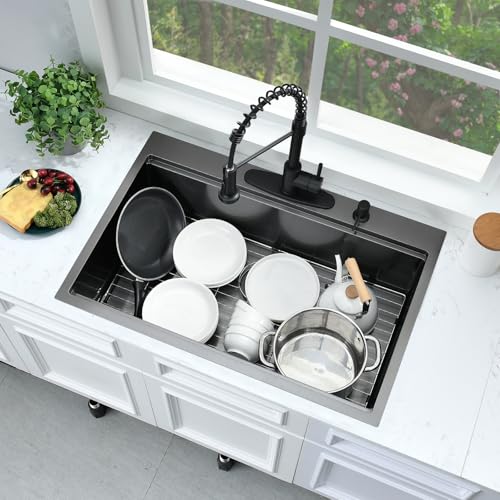 33x22 Black Drop In Kitchen Sink Workstation Stainless Steel Sink (33"L x 22"W x 10"D / Black)